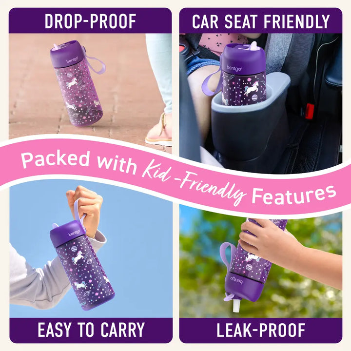 Bentgo Kids Water Bottle 450 ml, Leak-Proof Straw Bottle for Kids, Lightweighted &amp; Durable, BPA &amp; PFAS-Free Tritan Water Bottle, Ideal for School, Daycare &amp; Travel, 3 years+ - Unicorn