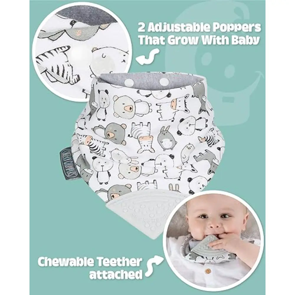 Cheeky Chompers Neckerchew for Babies &amp; Toddlers, Reversible Bib with Attached Silicone Teether, Super Absorbent, BPA-Free, 2–24 Months - Panda Pals