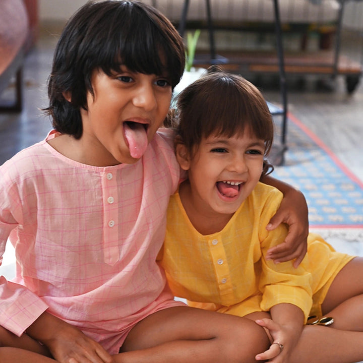 Love The World Today ‘Sleepover Party’ Kurta and Shorts Co-ord Set - Yellow Checks