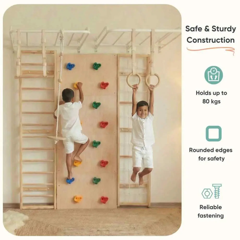 Curious Cub Ultimate Jungle Gym 4 | 7 Components - Wooden Ladder | Rope Ladder | Gymnastic Rings | Disk Swing | Trapeze Bar | Monkey Bars | Rock Climbing | Ages 4-15 Years
