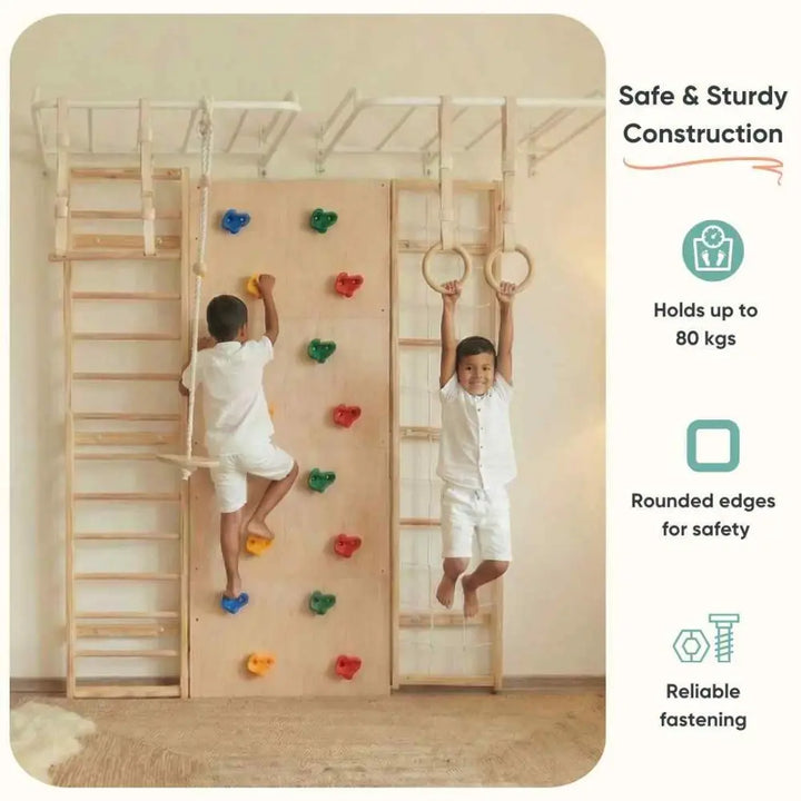 Curious Cub Ultimate Jungle Gym 4 | 7 Components - Wooden Ladder | Rope Ladder | Gymnastic Rings | Disk Swing | Trapeze Bar | Monkey Bars | Rock Climbing | Ages 4-15 Years
