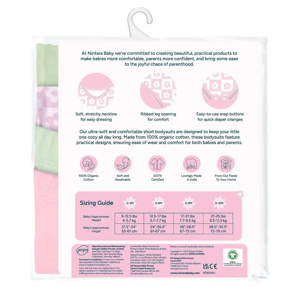 Nintara Baby 100% Unisex Cotton Bodysuit &amp; Pant Set – Soft Bloom (Pack of 2)