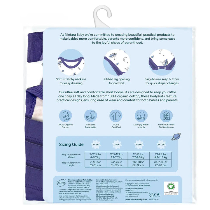 Nintara Baby 100% Cotton Unisex Bodysuit &amp; Pant Set – Up in Space (Pack of 3)