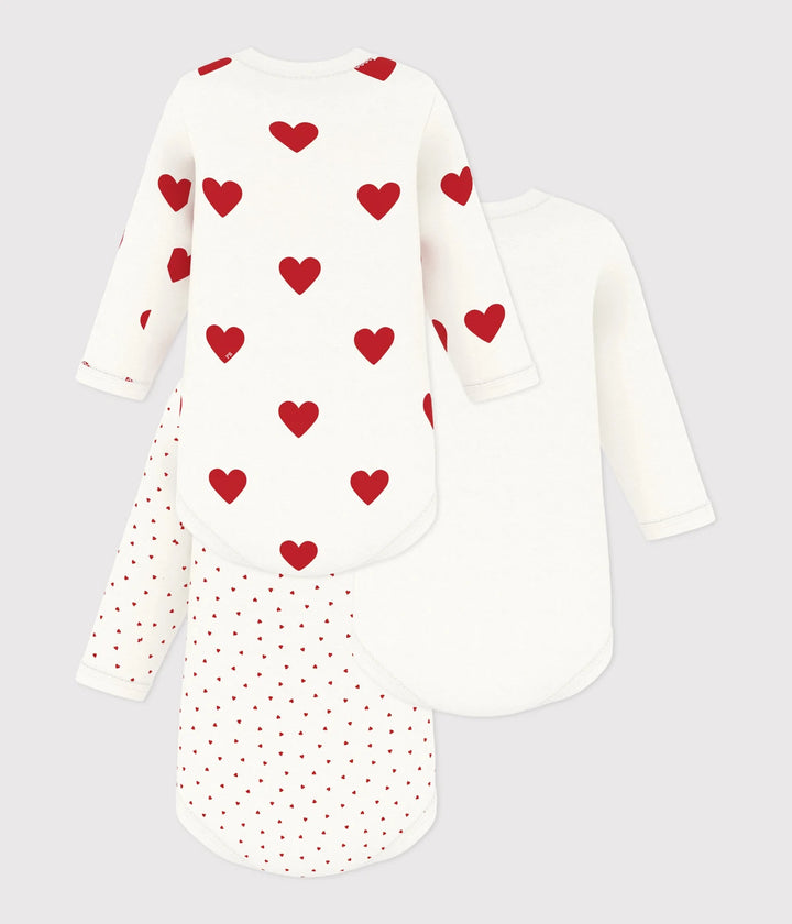 Petit Bateau Unisex Cotton Long Sleeved Heart Patterned Bodysuits - Pack of 3