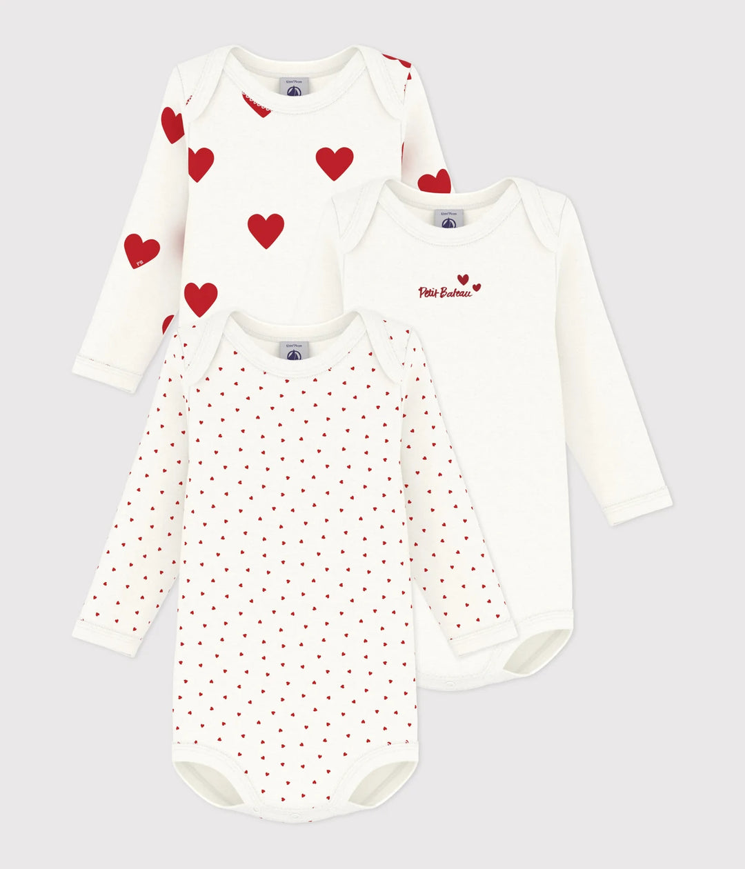 Petit Bateau Unisex Cotton Long Sleeved Heart Patterned Bodysuits - Pack of 3