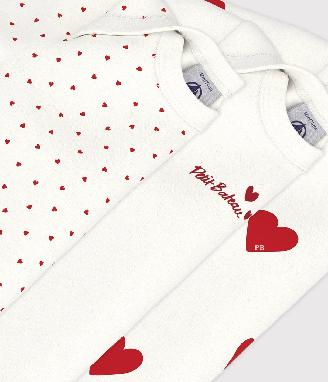 Petit Bateau Unisex Cotton Long Sleeved Heart Patterned Bodysuits - Pack of 3