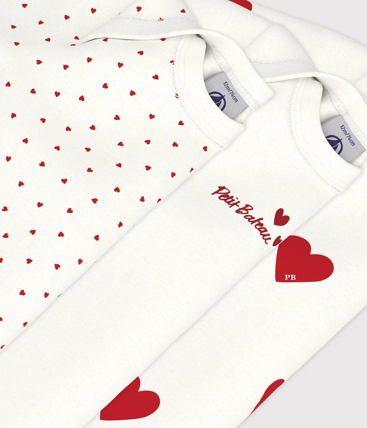Petit Bateau Unisex Cotton Long Sleeved Heart Patterned Bodysuits - Pack of 3