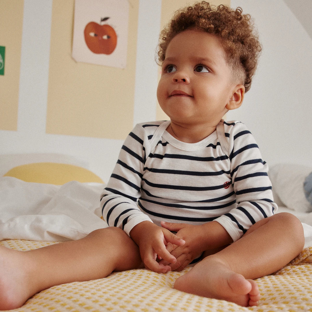 Petit Bateau Unisex Cotton Long Sleeved Stripped Bodysuits - Pack of 3