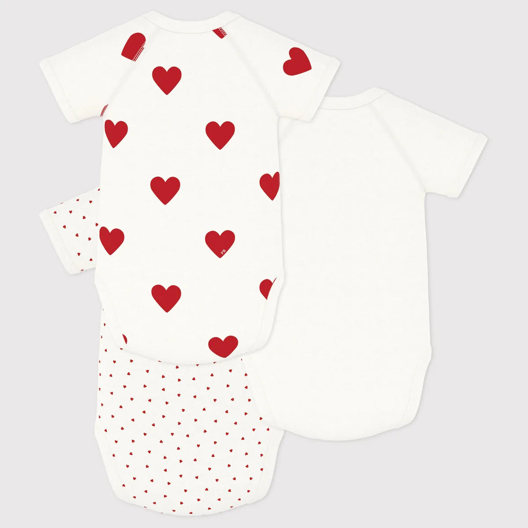 Petit Bateau Unisex Cotton Short Sleeved Heart Patterned Bodysuits - Pack of 3