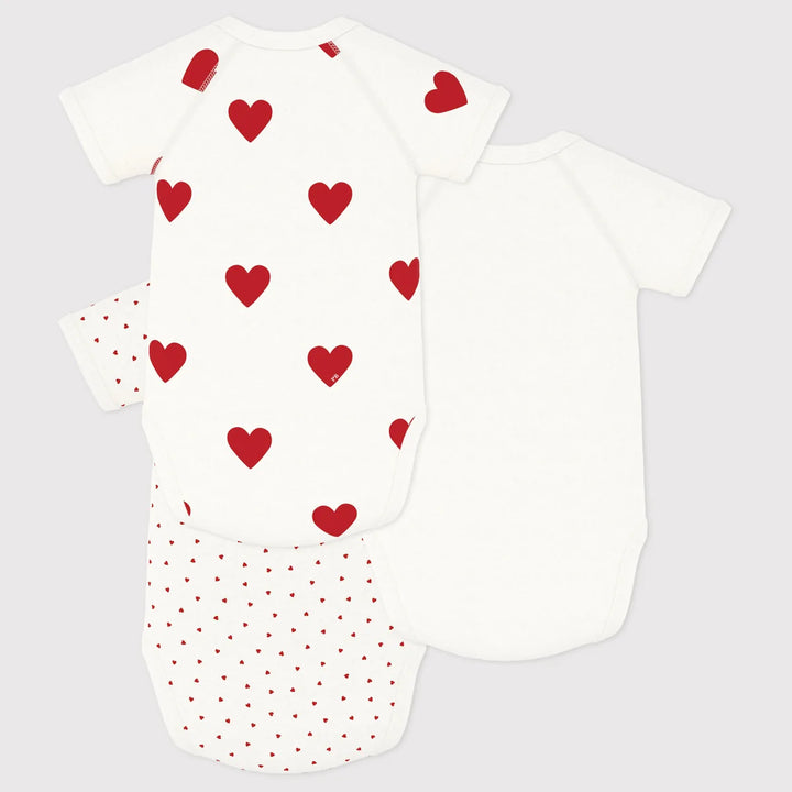 Petit Bateau Unisex Cotton Short Sleeved Heart Patterned Bodysuits - Pack of 3