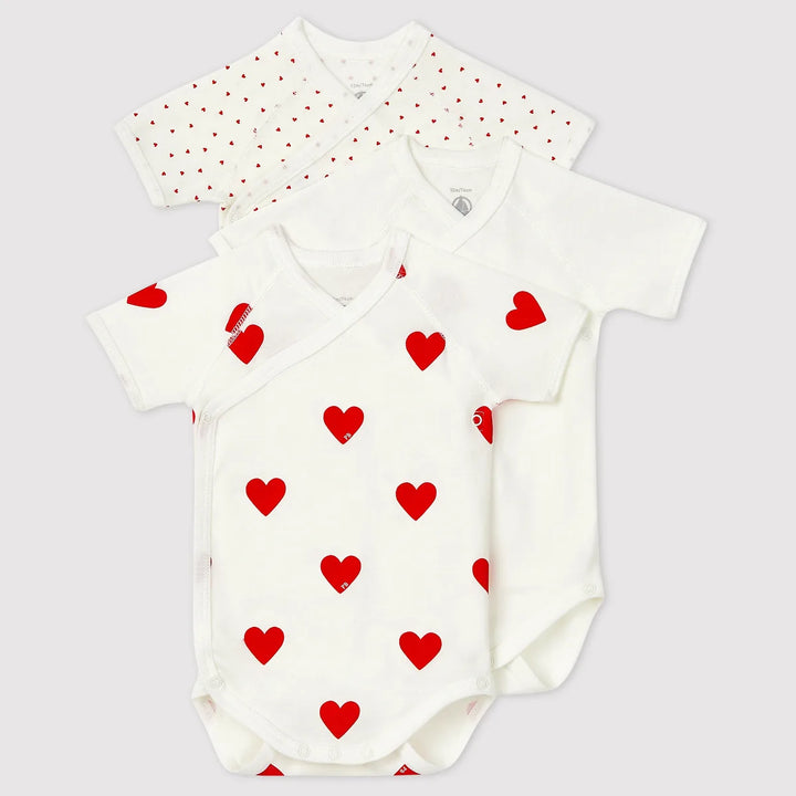 Petit Bateau Unisex Cotton Short Sleeved Heart Patterned Bodysuits - Pack of 3
