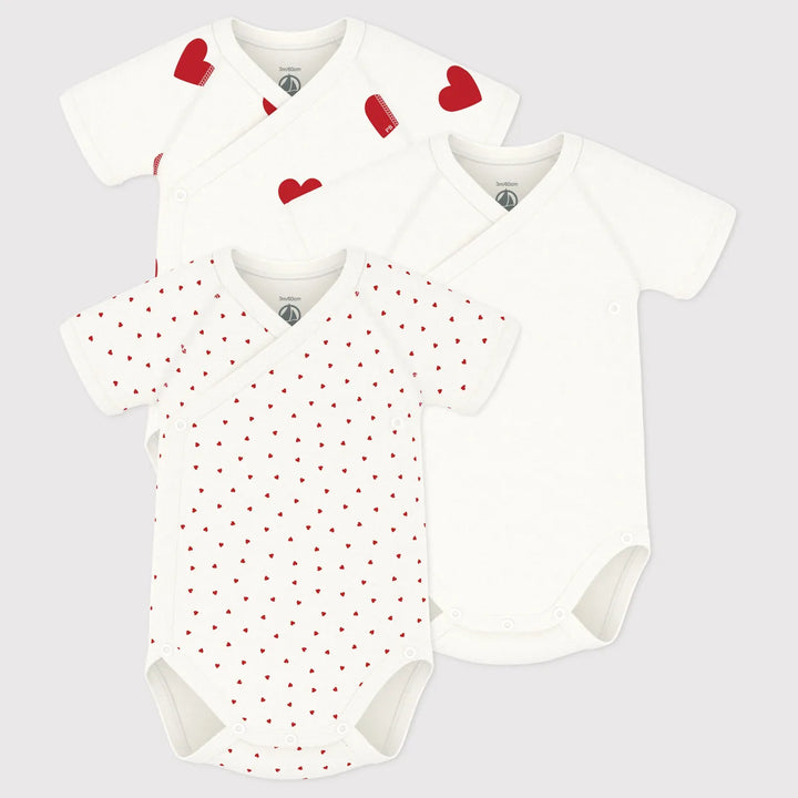 Petit Bateau Unisex Cotton Short Sleeved Heart Patterned Bodysuits - Pack of 3