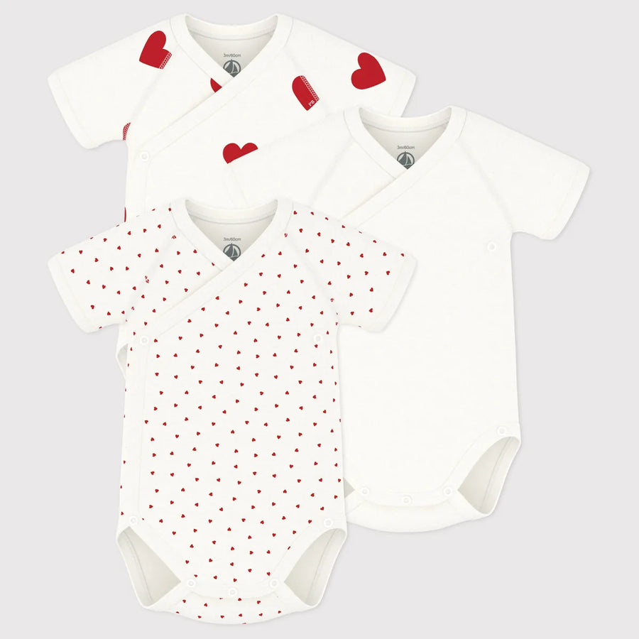 Petit Bateau Unisex Cotton Short Sleeved Heart Patterned Bodysuits - Pack of 3