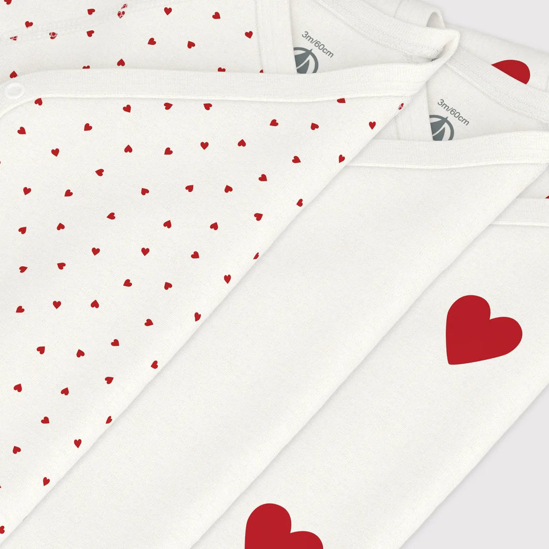 Petit Bateau Unisex Cotton Short Sleeved Heart Patterned Bodysuits - Pack of 3