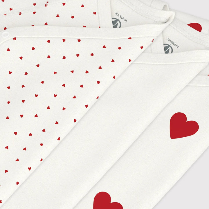 Petit Bateau Unisex Cotton Short Sleeved Heart Patterned Bodysuits - Pack of 3