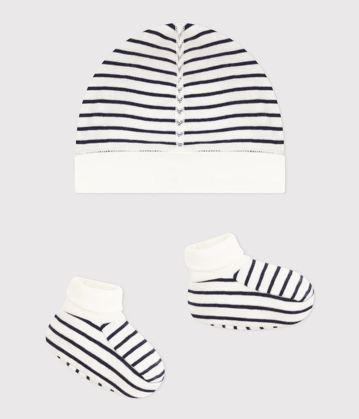 Petit Bateau Unisex Stripes Beanie and Booties Set