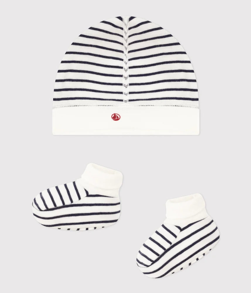 Petit Bateau Unisex Stripes Beanie and Booties Set
