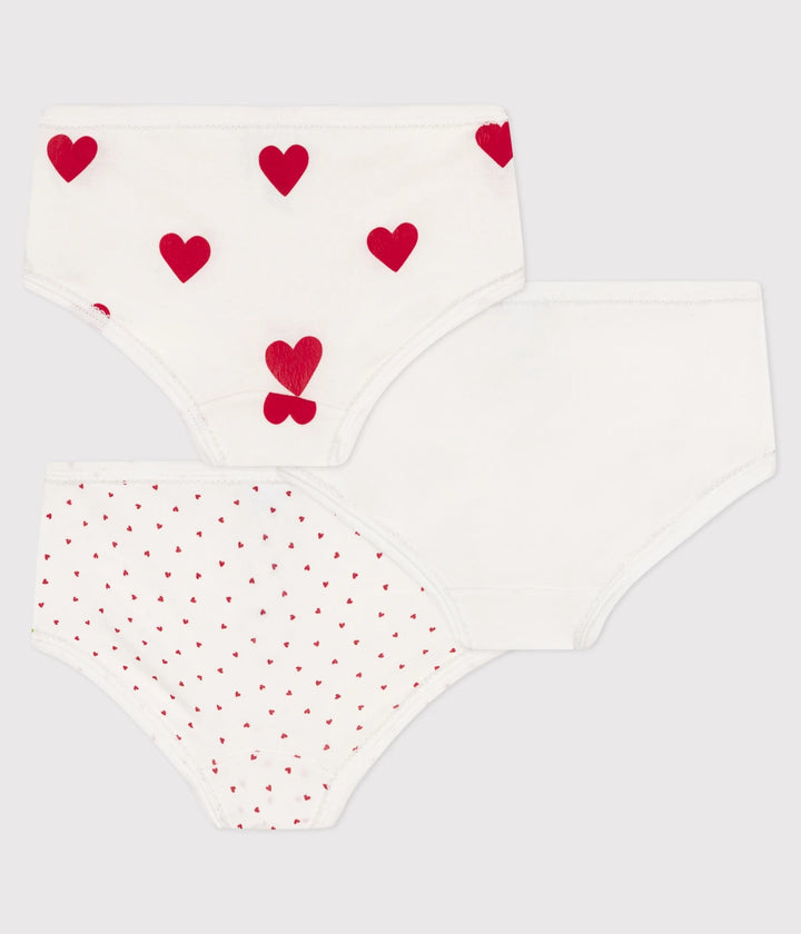 Petit Bateau Girls’ Pack of 3 High-Waisted Cotton Briefs with Heart Print