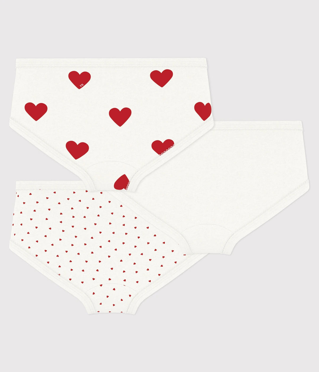 Petit Bateau Girls’ Pack of 3 High-Waisted Cotton Briefs with Heart Print