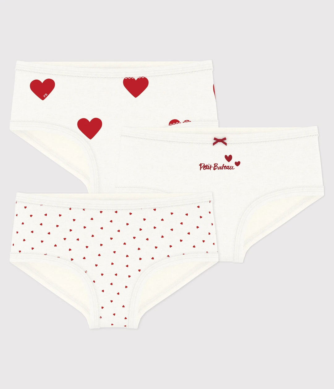 Petit Bateau Girls’ Pack of 3 High-Waisted Cotton Briefs with Heart Print