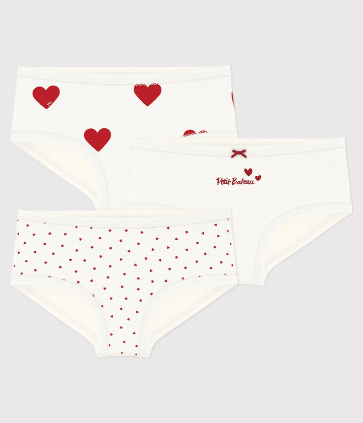 Petit Bateau Girls’ Pack of 3 High-Waisted Cotton Briefs with Heart Print