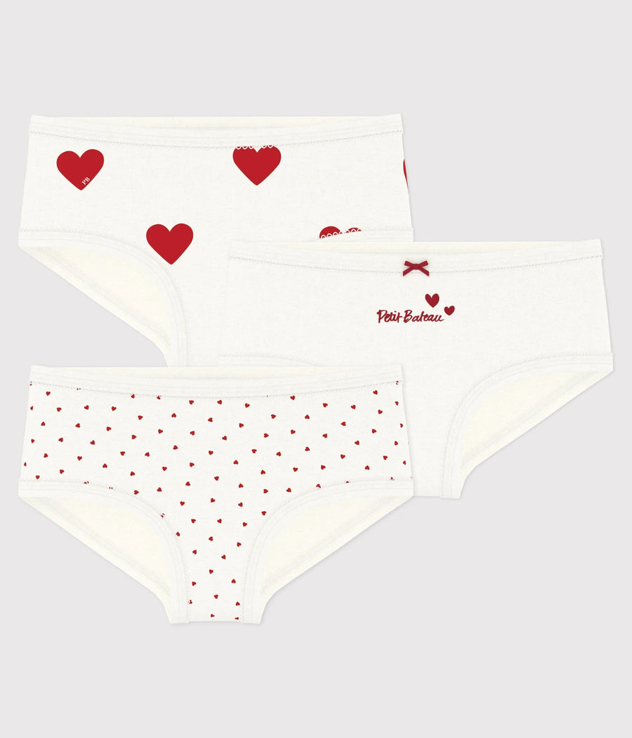 Petit Bateau Girls’ Pack of 3 High-Waisted Cotton Briefs with Heart Print