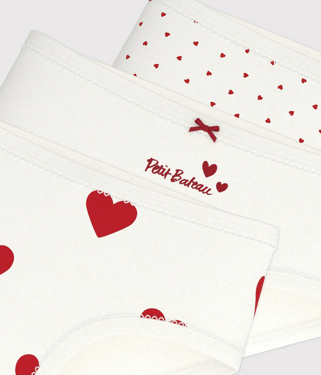 Petit Bateau Girls’ Pack of 3 High-Waisted Cotton Briefs with Heart Print