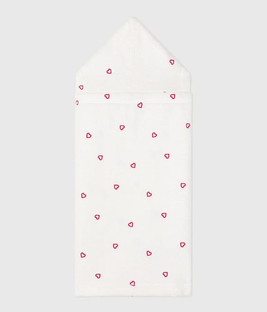 Petit Bateau Unisex Cotton Terry Bath Cape with Embroidered Hearts – White &amp; Pink