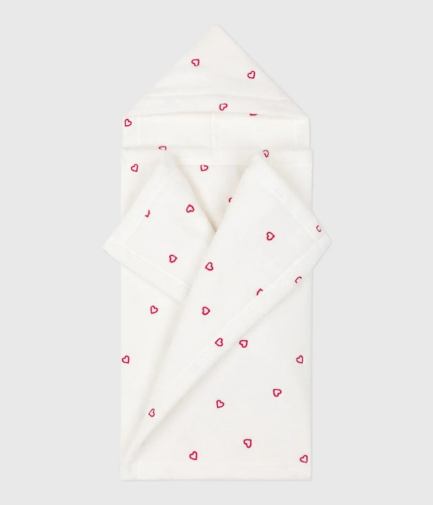Petit Bateau Unisex Cotton Terry Bath Cape with Embroidered Hearts – White &amp; Pink