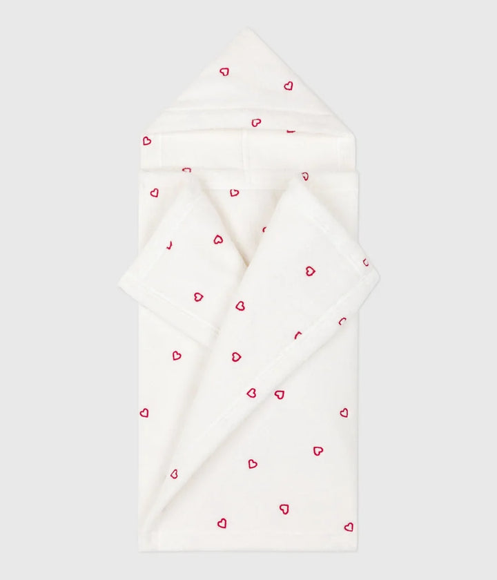 Petit Bateau Unisex Cotton Terry Bath Cape with Embroidered Hearts – White &amp; Pink