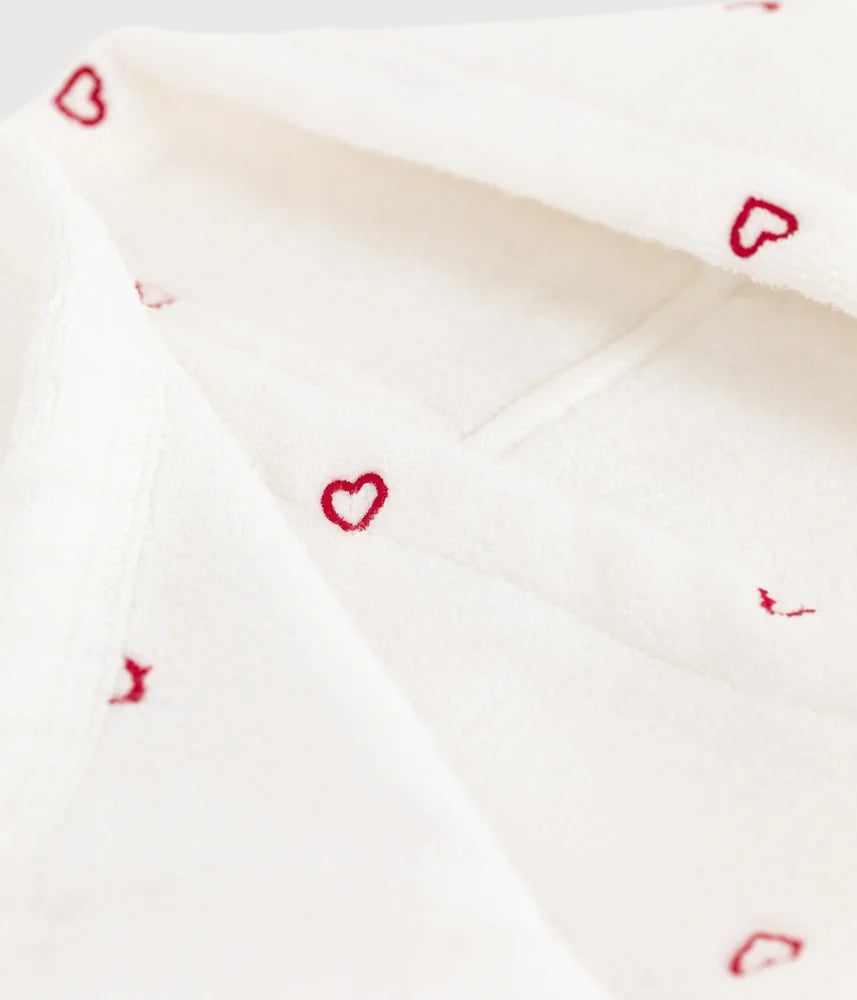 Petit Bateau Unisex Cotton Terry Bath Cape with Embroidered Hearts – White &amp; Pink