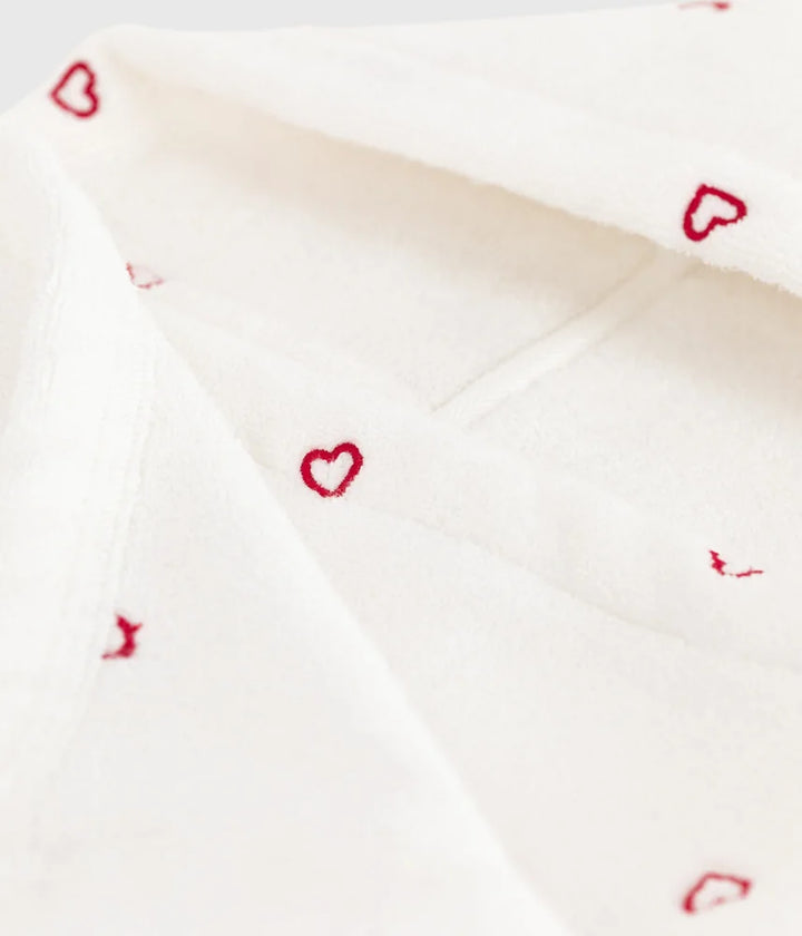 Petit Bateau Unisex Cotton Terry Bath Cape with Embroidered Hearts – White &amp; Pink