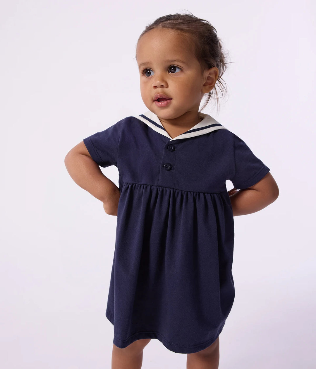 Petit Bateau Baby Girls’ Cotton Short-Sleeve Dress with Sailor Collar