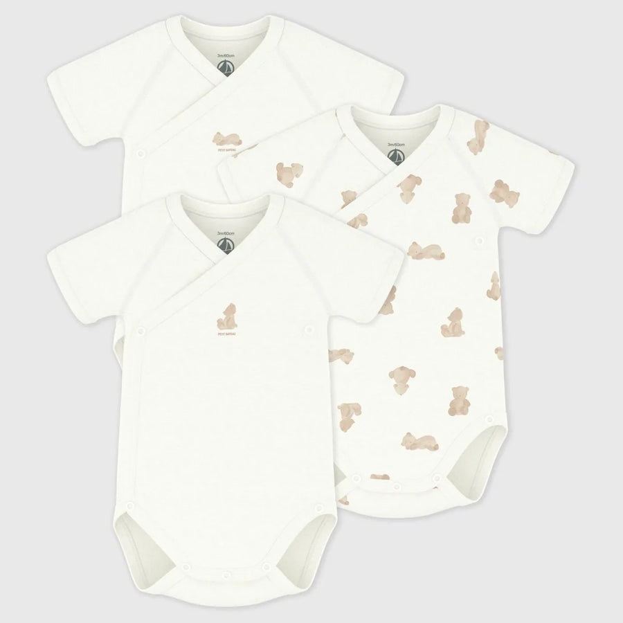 Petit Bateau Unisex Cotton Short Sleeved Wrapover Bodysuits - Pack of 3
