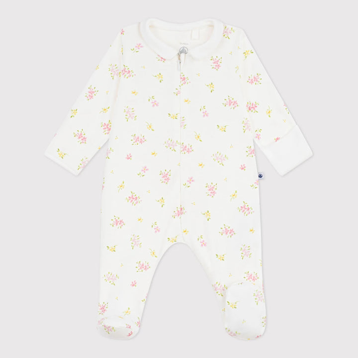 Petit Bateau Baby Girls’ Cotton Ribbed Sleepsuit with Floral Collar