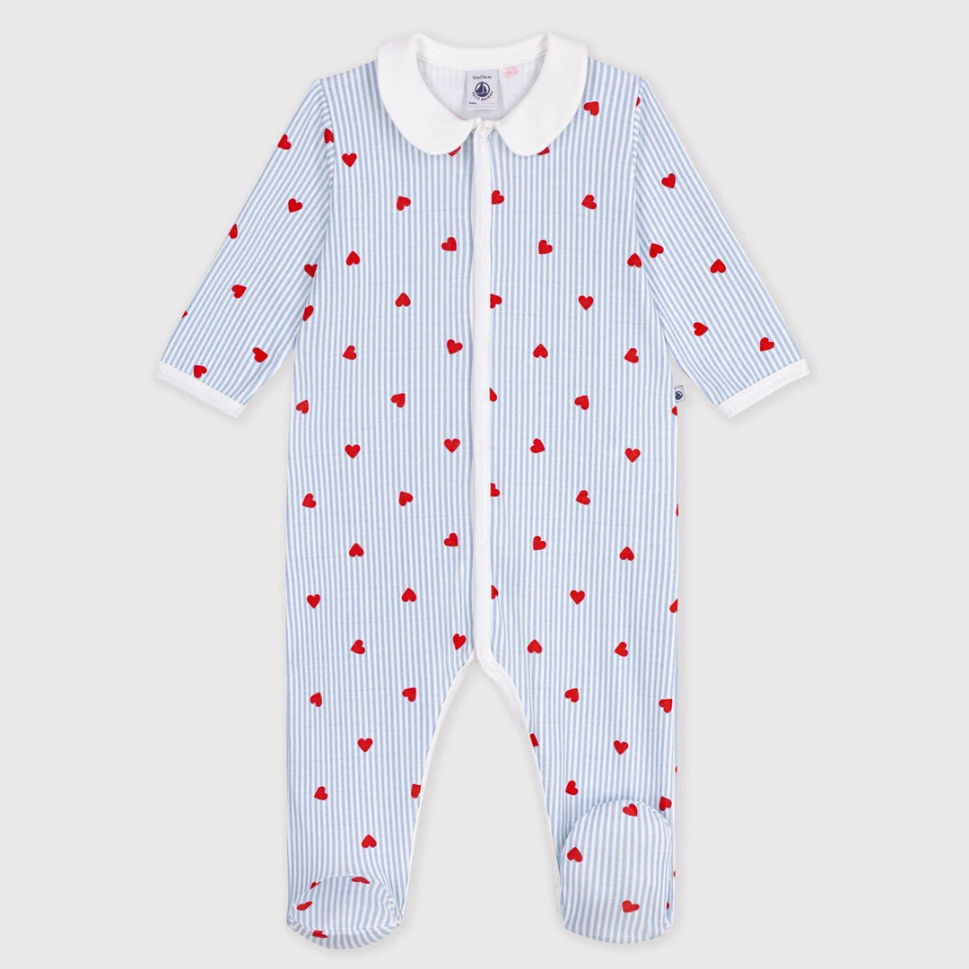 Petit Bateau Unisex Cotton Sleepsuit with Heart Print &amp; Collar