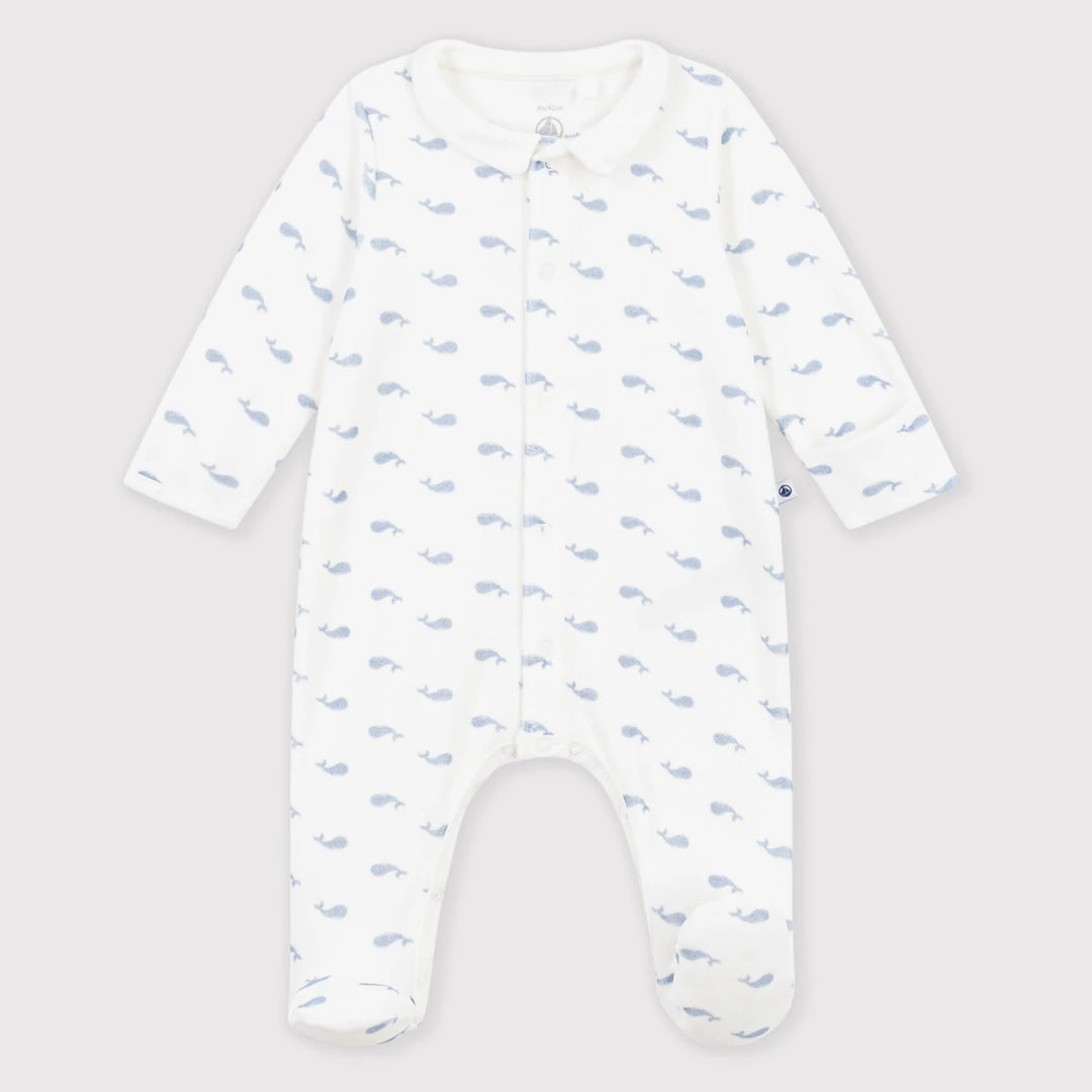 Petit Bateau Unisex Organic Cotton Velour Sleepsuit with Whale