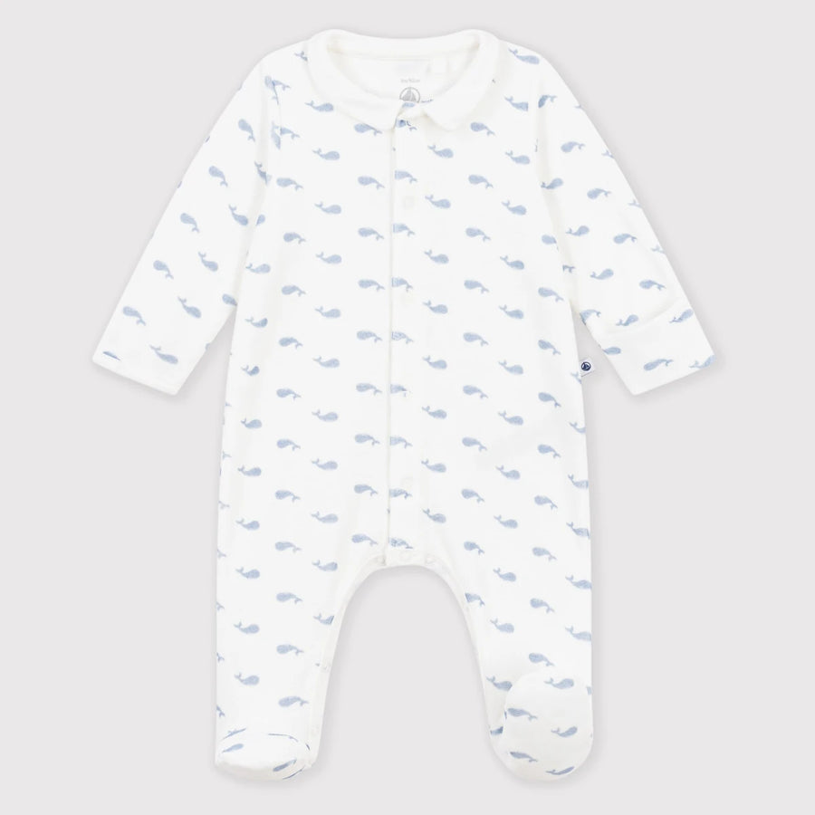 Petit Bateau Unisex Organic Cotton Velour Sleepsuit with Whale
