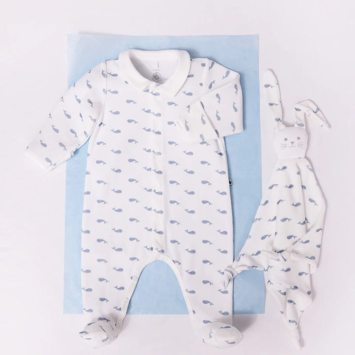 Petit Bateau Unisex Organic Cotton Velour Sleepsuit with Whale