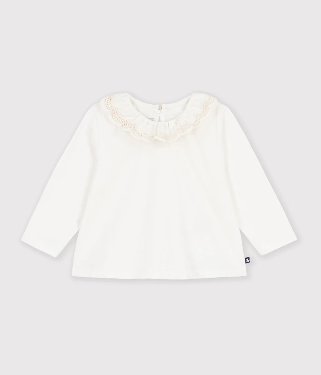 Petit Bateau Baby Girls’ Long-Sleeve Cotton Top with Scalloped Collar