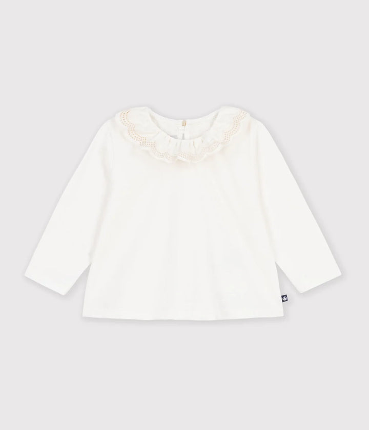 Petit Bateau Baby Girls’ Long-Sleeve Cotton Top with Scalloped Collar