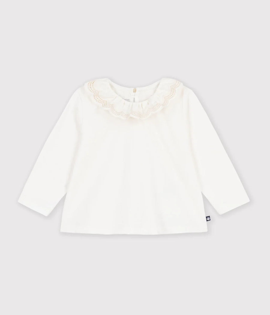 Petit Bateau Baby Girls’ Long-Sleeve Cotton Top with Scalloped Collar