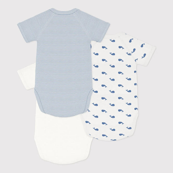 Petit Bateau Unisex Cotton Short Sleeved Whale Printed Bodysuits - Pack of 3