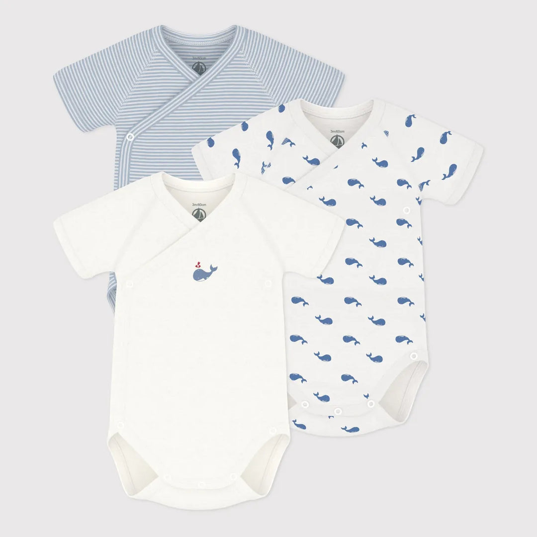 Petit Bateau Unisex Cotton Short Sleeved Whale Printed Bodysuits - Pack of 3