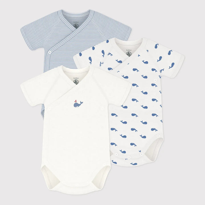 Petit Bateau Unisex Cotton Short Sleeved Whale Printed Bodysuits - Pack of 3