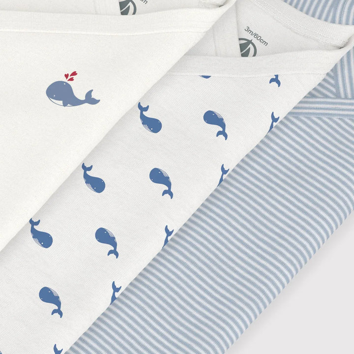 Petit Bateau Unisex Cotton Short Sleeved Whale Printed Bodysuits - Pack of 3