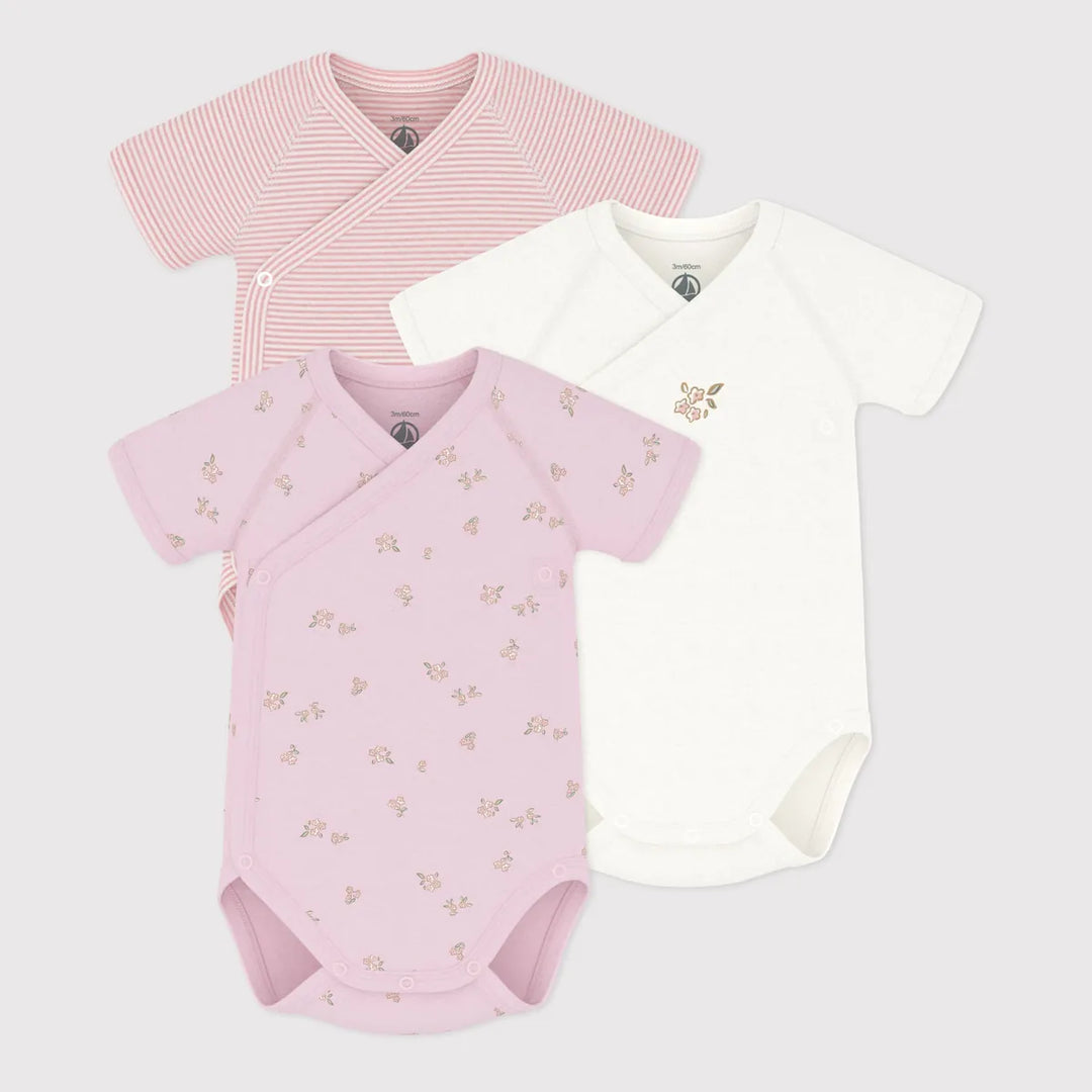 Petit Bateau Girls Cotton Baby Short Sleeved Wrapover Bodysuits - Pack of 3