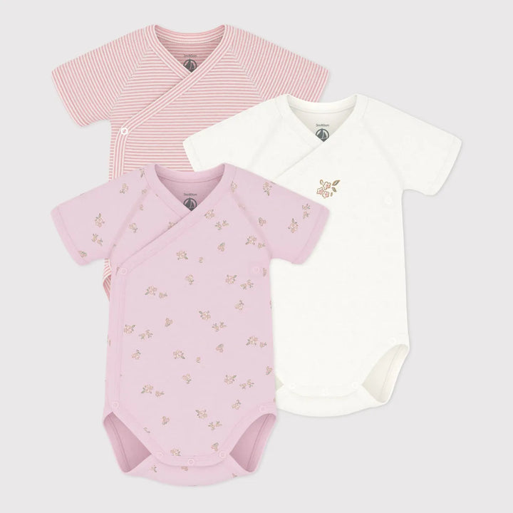 Petit Bateau Girls Cotton Baby Short Sleeved Wrapover Bodysuits - Pack of 3