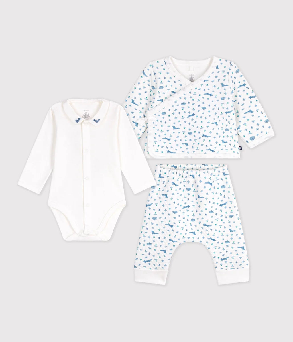 Petit Bateau Baby Unisex Cotton Wrap 3 Piece Set – Blue Fox Print