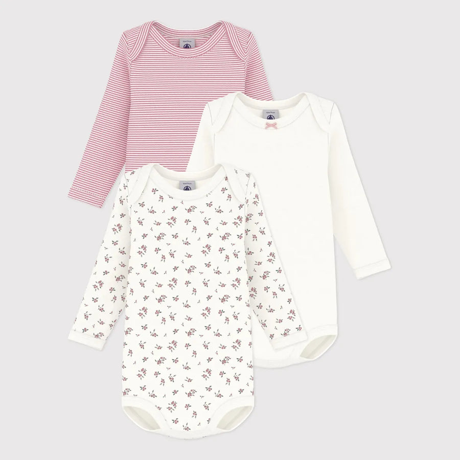 Petit Bateau Girl's Long Sleeve Envelope-Neck Floral Printed Bodysuits - Pack Of 3